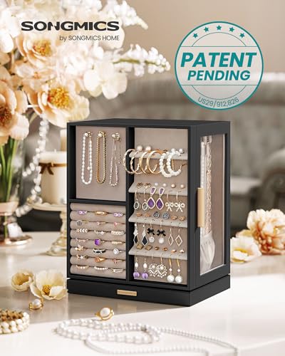 SONGMICS Jewelry Box 360°Rotating, Jewelry Storage Case with 5 Drawers, Jewelry Organizer, Glass Window, Spacious, Vertical Jewelry Storage, Open Design, Great Gift, Graphite Black UJBC170B01 - color: Graphite Black, size: 5 Drawers (6.3"d X 8.7"w X 11.2"