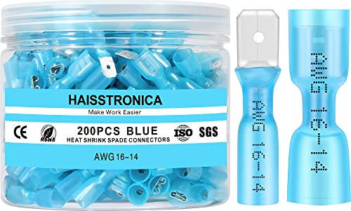 haisstronica 200PCS Blue Heat Shrink Spade Connectors,AWG 16-14 Heat Shrink Spade Terminlas Kit, Speaker Wire Connector, Male and Female Electrical Quick Disconnect Wire Connectors - color: Blue, size: AWG 16-14 Male&Female 200PCS