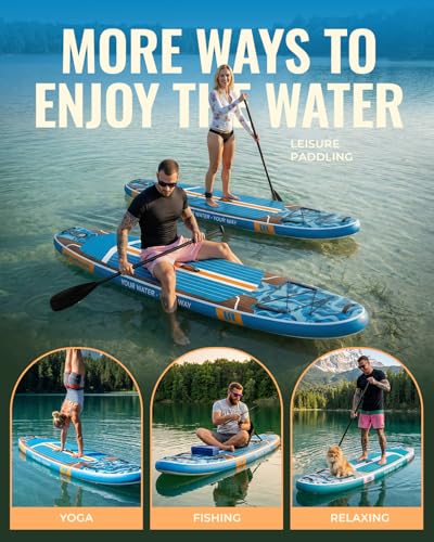 11ft Inflatable Stand Up Paddle Board, Wood Grain Ultra Lightweight SUP, 430lb Capacity for Adults Youth Family, for Fishing Surfing Camping, Includes Backpack & Pump - color: Blue Grained Walnut Wood with Seat