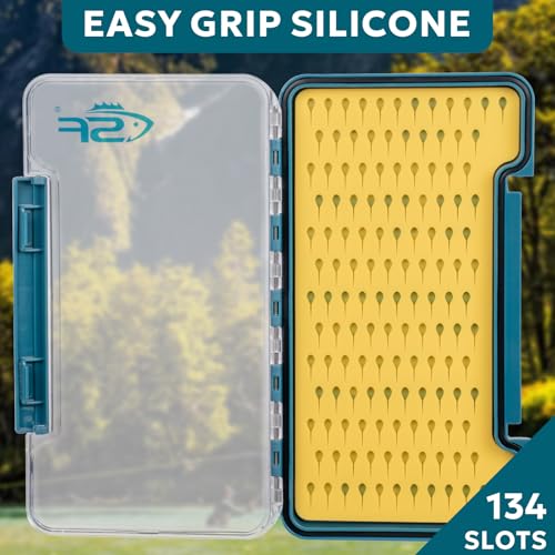 SF Slim Fly Fishing Box Thin Trout Flies Storage Box Plastic Clear Lid Yellow Silicone Waterproof Fly Fishing Box Large - style: Large- 1Pack