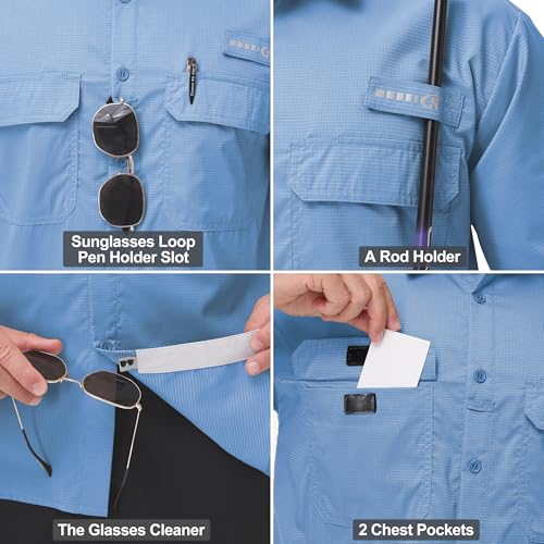 Satankud Fishing Shirts for Men Short Sleeve Sun Protection Cooling Hiking Shirt for Travel Safari Camping Work - color: Mist Blue, size: 3X-Large