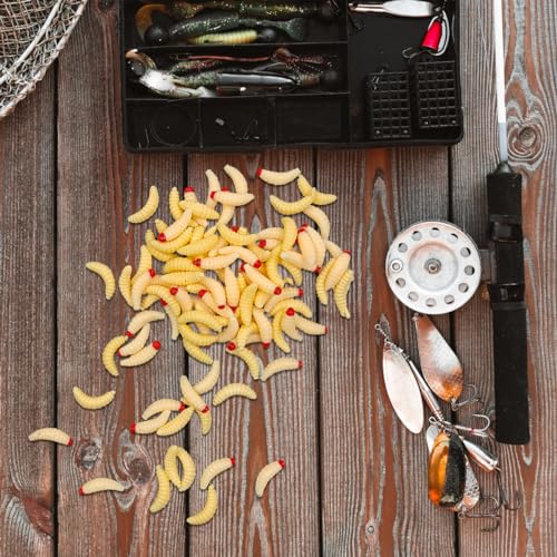 100pcs Bass Fishing Worms Lures, Silicone Soft Maggot Baits Bread Worm Fishing Lures, Bread Worm Wax Worms for Trout Panfish, Fresh Water Fishing Lures Set, 2 Styles