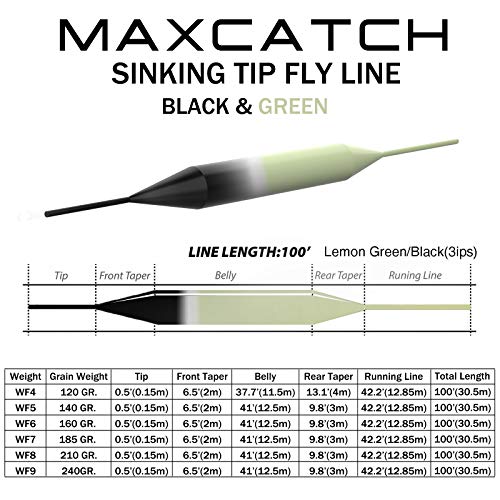 M MAXIMUMCATCH Maxcatch Sinking Tip Fly Line Weight Forward Fishing Line, 3ips/6ips, 4/5/6/7/8 F/S - color: Lemon Green/Black, 3ips, size: WF-4F/S