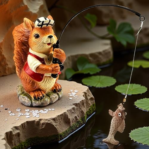 Squirrel Outdoor Statue Koi Pond Garden Decoration, Squirrel Decor for Yard 7.1'' Fishing Sculpture Outdoor Patio, Lawn Accessory, Fishing Animals for Waterfall or Koi Pond Additional, Gifts for Mom - color: Fishing Squirrel