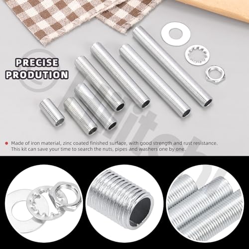 Hilitchi 140PCS M10 Lamp Pipe Nipple Hollow Lamps Repair Part Hardware Hollow Lamp Rod Assortment Kit Includes Flat Washer Teeth Washer Hex Nuts for Light Fittings Outdoor Lamps