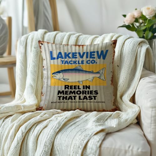 Rustic Fishing Throw Cushion Case 18x18 Inch Reel in Memories Trout Pillow Cover for Lake House Cabin Man Cave Couch Sofa Outdoor Fishing Decor Pillowcase (Grey) - color: Grey