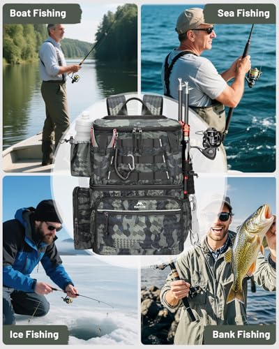 MATEIN Fishing Backpack with 4 Tackle Boxes, Fishing Bag with Rod Holder & Safety Compass & Cooler, Gifts for Fishermen - color: Camouflage