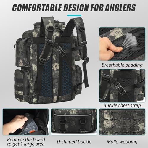 Tactical Fishing Tackle Backpack with Tackle Boxes, Rod Holders, Bottle Holder, 50 L Large Insulated Fishing Backpack Tackle Box with Cooler, Fishing Bag Store Gear & Equipment, Black CM - color: Black CM