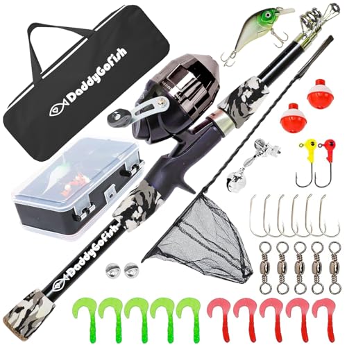DaddyGoFish Kids Fishing Pole - Rod Reel Combo Tackle Box Starter Set - First Year Small Gear Kit for Boys Girls Toddler Youth Age Beginner Little Children - color: Black (Essential Set), size: 4ft