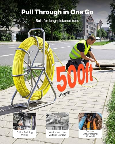 VEVOR Fish Tape Fiberglass, Duct Rodder Fishtape Wire Puller with Stand, 1/4-Inch Cable Running Rod, Marked Every 5 Feet, Fishing Tools for Walls and Electrical Conduit, Non-Conductive - size: 27.17 x 8.27 x 31.50 in / 690 x 210 x 800 mm