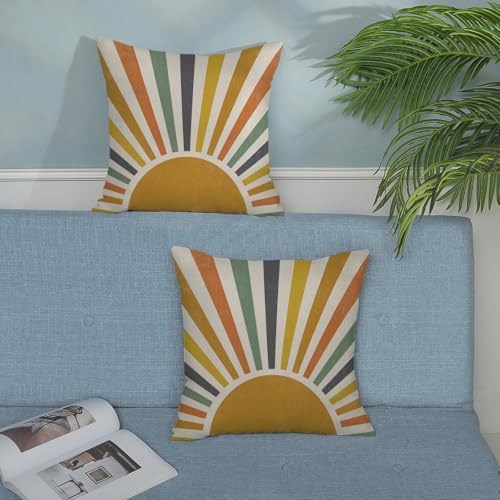 Summer Pillow Covers 16x16 Inch 2 Pcs Boho Mustard Yellow Sunshine Outdoor Decor Throw Pillows Stripes Rainbow Sun Farmhouse Holiday Decoration Pillowcase Linen Cushion Cover for Couch Sofa Bed - color: Boho Sun 01, size: 16" x 16" (Pack of 2)