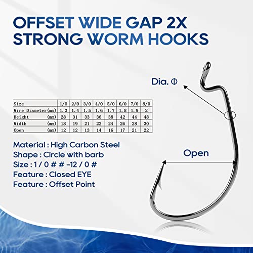 UCEC Fishing Hooks Offset Shank Worm Hooks Extra Wide Gap 2X Strong Carbon Steel Bait Jig for Bass Fishing Trout Catfish Saltwater Freshwater 1/0 2/0 3/0 4/0 5/0 30pcs/Box - size: 1/0 30pcs