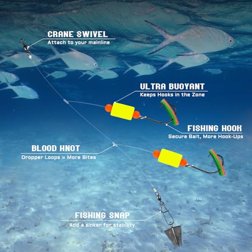 Pompano Rig Saltwater Surf Fishing Rigs – Double Drop Leader Rigs with Hooks, Floats, Beads & Snap – Easy Pre-Tied Terminal Tackle for Pompano, Whiting, Redfish - color: Assorted Colors–E, size: 12 Pack
