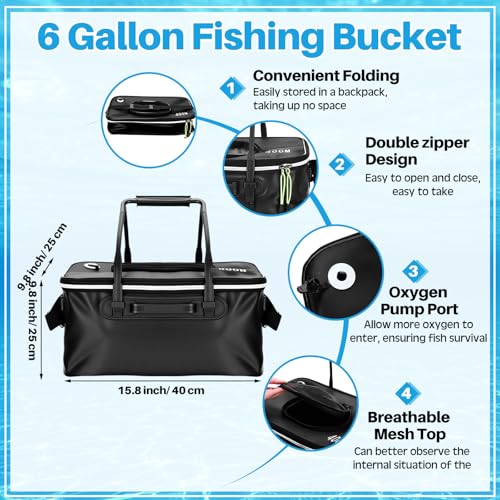 Threehoney Set of 4 Saltwater Fishing Cast Net, Foldable Fish Bucket, Folding Fishing Landing Net, and 110lb Digital Scale, 6 Gallon Live Fish Bait Bucket - color: Black, size: 6ft