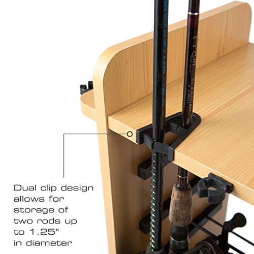 Rush Creek Creations Fishing Rod Holder for 14 Saltwater/Freshwater Rods, Fishing Pole Holder w/ up to 4 Fishing Gear Tackle Box Storage for Garage Organization/Boat Storage for Fishing Accessories | Fishing Pole Holder - color: Light Wood