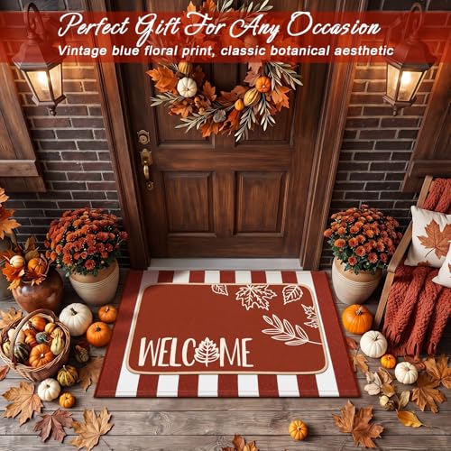 Tinideya 2 Pcs Door Mat Outdoor Welcome Front Doormat Rubber Linen Rug Nonslip Washable Decor for Front Porch(Fall Leaves Welcome Stripes,16 x 28 Inch,24 x 35 Inch) - size: 16 x 28 Inch,24 x 35 Inch, style: Fall Leaves Welcome Stripes