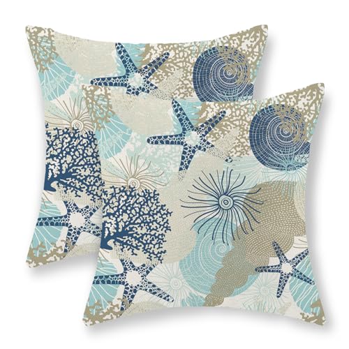 Nautical Coastal Pillow Covers 18x18 Inch Set of 2, Beach Themed Ocean Throw Pillows Starfish Seashell Decorations Summer Pillowcase Linen Outdoor Decor Farmhouse Cushion Case for Home Bedroom - color: Coastal 1, size: 18" x 18" (Pack of 2)