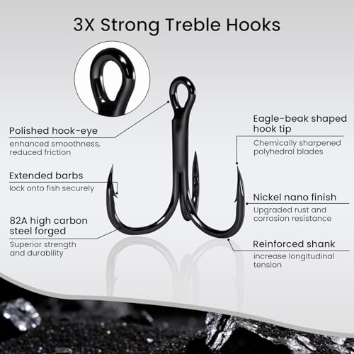 Pristis 3X Strong Fishing Treble Hooks, High Carbon Steel Sharp Barbed Tripple Round Bend Hook Kit Set for Lure Bait, Needle Point for Saltwater Freshwater Bass Trout Tuna Catfish Pike - size: #4 - 32 Pack
