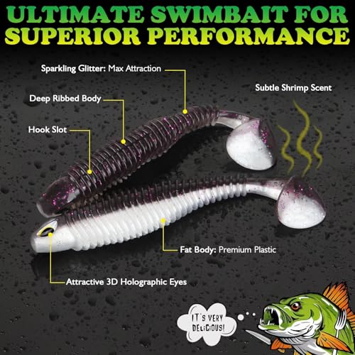 LUCKYFISHING Paddle Tail Swimbaits 10/16/20 PCS Fishing Lures Soft Plastic Lures for Trout Crappie Walleye Soft Baits for Bass Fishing Freshwater Saltwater 4.1/3.5/3/2.5 Inch - color: Purple Pearl, size: 4.1 inch-10pcs