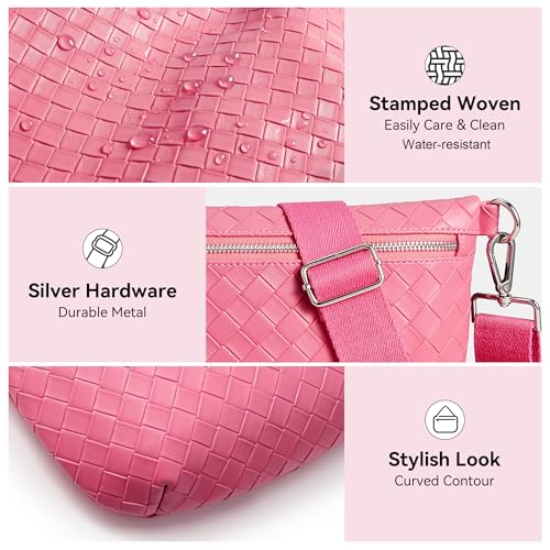 KALIDI Woven Crossbody Bags for Women Travel Vegan Leather Fanny Packs for Woman Cross Body Purse Fashion Belt Bum Bag with Wide Strap - color: Pink