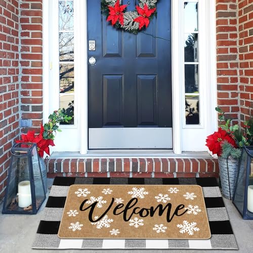 Tinideya 2 Pcs Winter Snowflake Doormats Christmas Layered Welcome Outdoor Door Mats with Buffalo Plaid Front Door Rug Non Slip Floor Mats for Porch Entryway Xmas Holiday Seasonal Decor - size: 16 x 28 Inch,24 x 35 Inch, style: Snowflake