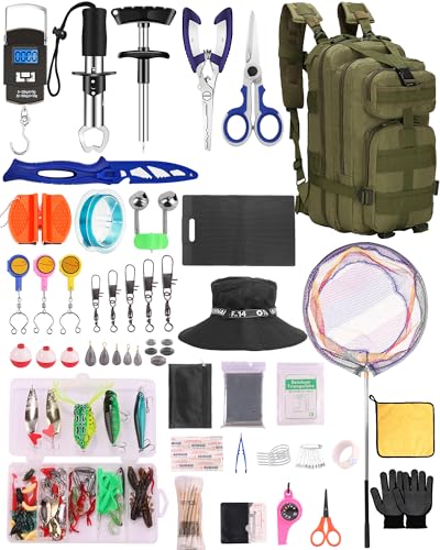 Fishing Tool Kit - 112pcs Fishing Gear & Equipment, Fish Pliers, Hook Remover, Scale, Scissors, Lip Gripper, Lures - color: Blue and fisherman's hat