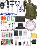 Fishing Tool Kit - 112pcs Fishing Gear & Equipment, Fish Pliers, Hook Remover, Scale, Scissors, Lip Gripper, Lures - color: Blue and fisherman's hat