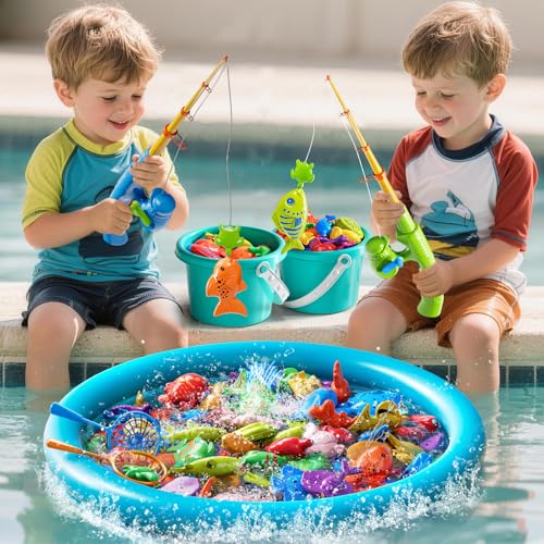 Magnetic Fishing Game Pool Toys for Kids 3 4 5 6 7 8, Water Table Bathtub Toys with Inflatable Pool, Bath Toys for Toddlers, Summer Outdoor Indoor Magnetic Fishing Toys Gifts for Boys Girls 3-5 4-8 - style: 51Fish+2Rod+2Net+2Bucket+Pool