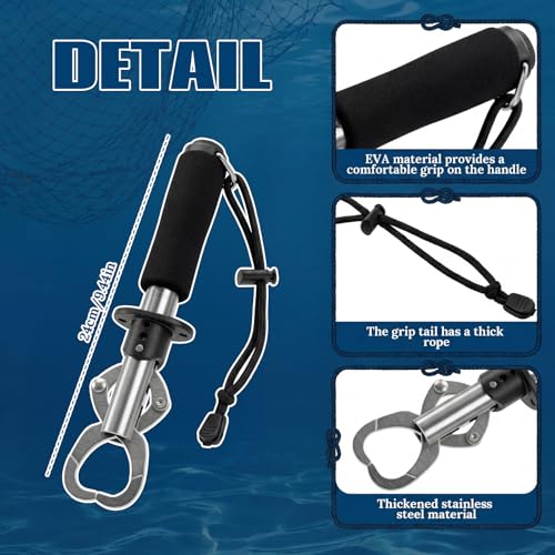 Konohan 3 Pack Fish Lip Gripper with Scale 33lb Stainless Steel Fish Landing Tool with Non-Slip EVA Handle & Wrist Strap for Anglers Fishermen Fishing Bass Trout Pike Catch and Release