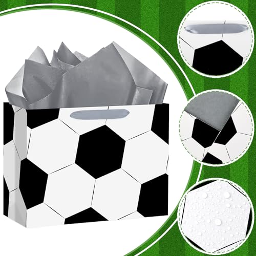 Hooqict Large Soccer Gift Bag Soccer Birthday Gift Wrap Bag with Handles, Tissue Paper, Greeting Cards for Kids Boys Men Sports Themed Goodie Treat Party Favors - color: Soccer