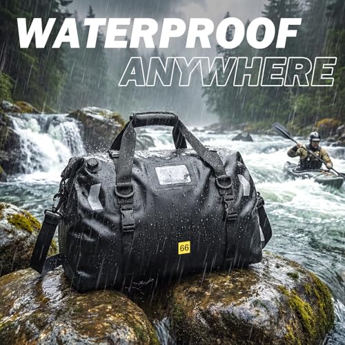 Large Waterproof Duffel Bag 66L - Heavy Duty Dry Bag for Motorcycle Touring, Sailing, Camping - 100% Watertight Travel Duffle Bag Backpack with Air Valve & Reflector - color: black, size: 66L