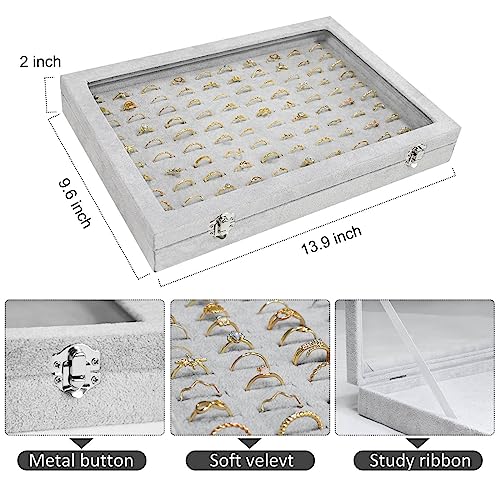 Ring Display Case Organizer Box with Transparent Lid, 100 Slot Ring Organizer Holder Showcase For Store Display Jewelry Show Home (Grey) - color: Grey, size: Ring tray