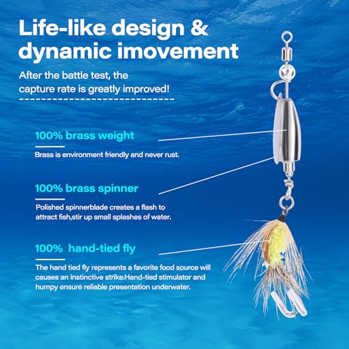 Trout Spinner Lures with Stimulator/Humpy Dry Fly Tail, Brass Hard Metal Hand-Tied Rooster Bait Tail Fishing Spinnerbaits for Bass Pike Salmon Saltwater Freshwater Lake River - color: 5PCS