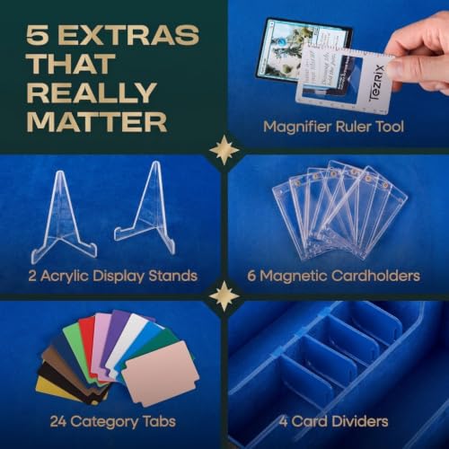 4-Row Mtg Trading Card Storage Box With Display Windows - Magnifier Ruler, 2 Display Stands, 6 Cardholders - 3000+ Card Case With Magnetic Closure, Sports TCG Card Organizer - Blue Card Boxes - color: Black, Blue (4 Row)