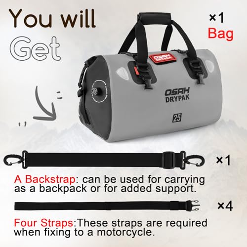 OSAH DRYPAK Waterproof Duffel Bag - Motorcycle Dry Bag Tail Bag with Large Storage Space, Waterproof Luggage Duffle Bags with Outer Mesh Zipper Pocket for Camping, Kayaking, Fishing & Traveling - color: Grey, size: 25L