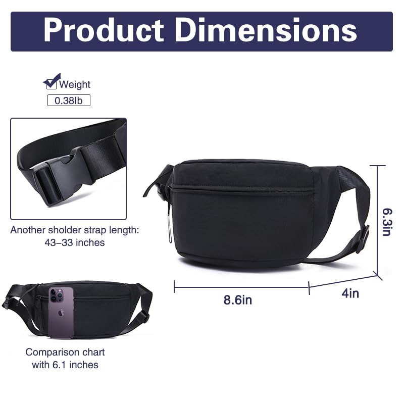 Large Capacity Nylon Women Sling Bags Girl Fanny Pack Light Weight Crossbody Bag Men Shoulder Bag Unisex Classic Waist Packs Purse Hiking Roomy Chest Bag, Easy Carry Any Phone,Wallet - color: Black