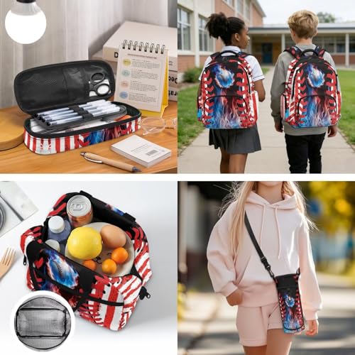 Baseball Backpack 4 Pieces American Flag School Backpack with Lunch Bag Handbag Pencil Case Water Bottle Sling Bag Elementary Middle Rucksack Travel Bookbag - color: Baseball