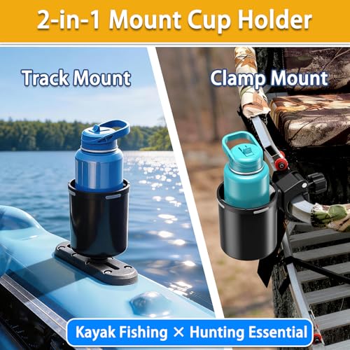 Upgraded Kayak Cup Holder with Track & Clamp Mount, 360° Adjustable Cup Holder Fits 12oz-40oz Tumblers, 2-in-1 Cup & Storage Bin for Kayak Fishing, Tree Stand Hunting, Fits Round & Square Rods - color: Pack Of 1