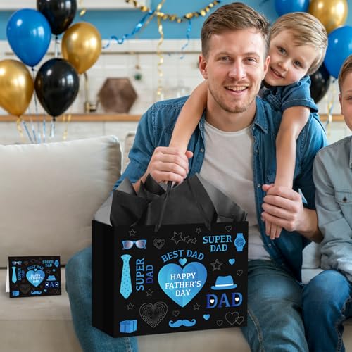 Hooqict Large Father’s Day Gift Bag Daddy Gift Wrap Bag with Handles, Tissue Paper, Greeting Cards for Best Dad Husband Grandfather Happy Fathers Day Celebrations Party Decorations - color: Father