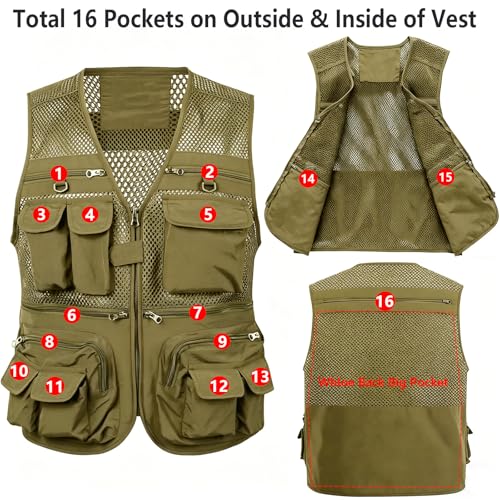 HUNTURE Fishing Vest,Pocket Vest and Hat Gloves Neck Gaiter Set for Men,Lightweight Utility Outerwear Vest - color: Khaki, size: XX-Large
