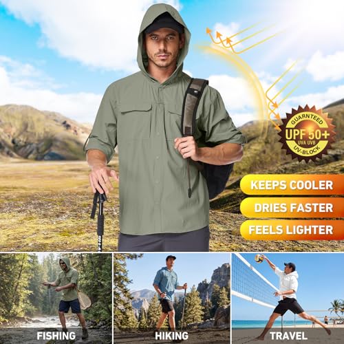 Mens Sun Protection Hiking Fishing Safari Shirts with Hood Long Sleeve Outdoor Quick Dry Shirts Hoodie - color: 5105 Grey Green, size: XX-Large