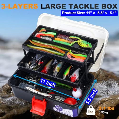 TCMBY 3 Layers Tackle Box with Tackle Included, 321Pcs Fishing Lures Kit Contains Pliers, Crankbait, Hooks, Weights & Accessories, Fishing Gear Bait Lure Gifts for Men Bass Freshwater (White Black) - color: White Black