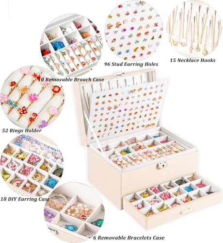 QBestry Earrings Jewelry Box for Girls, 5 Layers Jewelry Organizer with Earring Holder Organizer for Girls Earring Organizer Jewelry Boxes for Women Earrings and Necklaces Jewelry Box Organizer Beige - color: Beige, size: Large