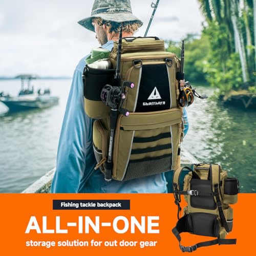 Ghosthorn Fishing Tackle Backpack with 4 3600 Tackle Boxes Rod Holder Outdoor 43L Large Bag with Detachable Wasit Bag Storage Fishing Gear and Equipment Waterproof - color: With 3600*4 Khaki (43l)