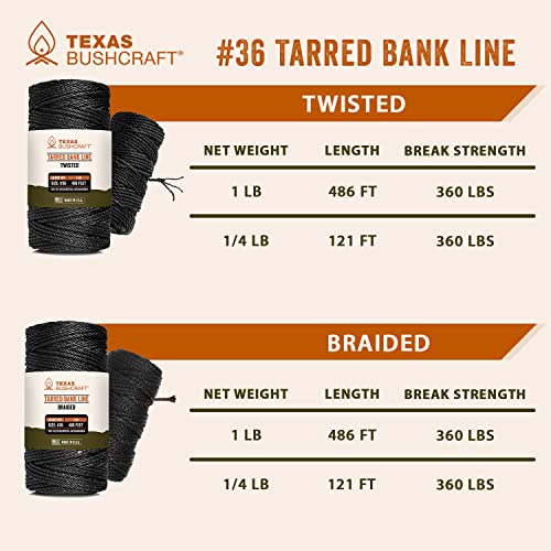 Texas Bushcraft Tarred Bank Line Twine - #36 Black Nylon String for Fishing, Camping and Outdoor Survival – Strong, Weather Resistant Bankline Cordage for Trotline - style: Twisted