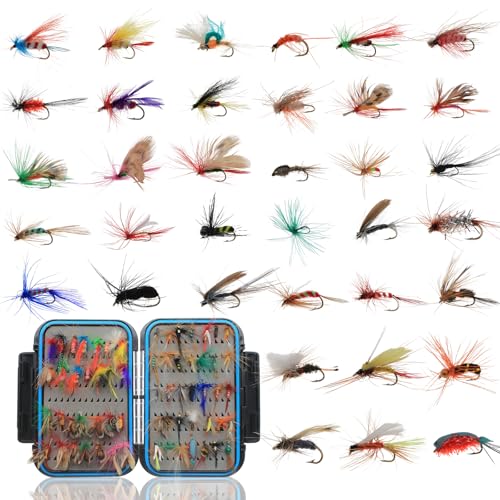 Fly Fishing Kit with Tackle Dry/Wet Fly Handcrafted Lures, Streamer for Trout, Bass, Salmon - color: 64pcs-d