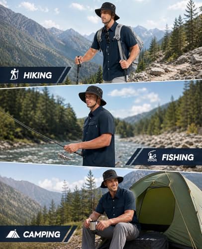 Haimont Men's UPF 50+ Short Sleeve Hiking Button Down Shirt | Quick-Dry Stretch, Mesh Back Vents, Rod Holder & Sunglasses Loops, Outdoor & Travel - color: Dark Blue, size: Large
