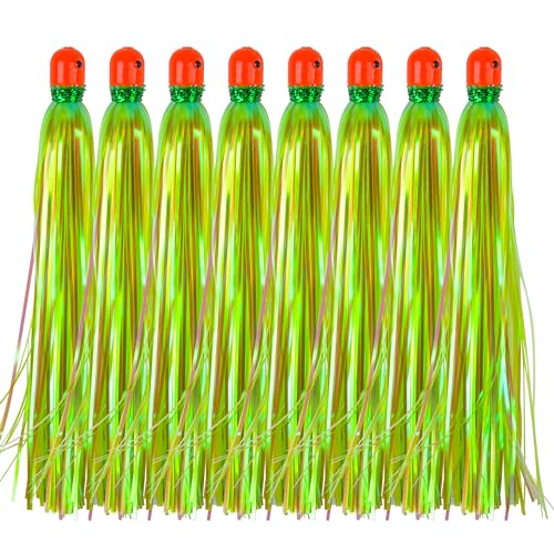 Mylar Skirt Trolling Lures 5.2in Fishing Mylar Skirts Trolling Teasers 3/8 oz Weighted Bullet Head Skirted Trolling Lures with Through-Hole for Mahi Tuna Wahoo Offshore Fishing - color: Green_8pcs