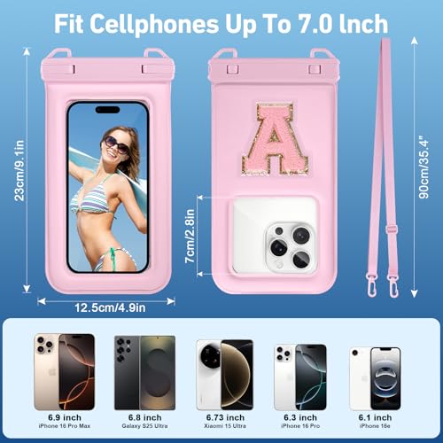 Waterproof Phone Pouch Floating, IPX68 Waterproof Phone Case for Beach Kayak Cruise Essentials, Dry Bag for iPhone 17 16 15 Pro Max Samsung S26 S25 S24, Up to 7", Pink Letter - color: Pink Letter