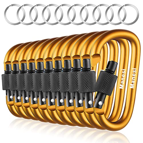 10 Pack 3Inch Aluminum D Ring Key Rings Hiking Clips Locking Carabiner for Hiking Camping Fishing and Outdoor Use，Clips with Screw Gate Multicolored - color: Gold